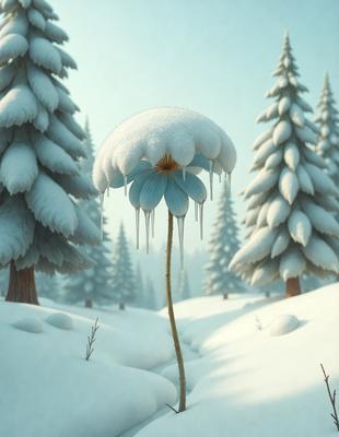 The primary subject of the image is a single blue flower with a white center, surrounded by snow. The flower is located in the middle of a snowy field, and it appears to be melting. The setting is a winter landscape with snow-covered trees in the background. The visual style is digital art, and the dominant colors are white, blue, and snowy tones. The overall atmosphere is serene and captivating.